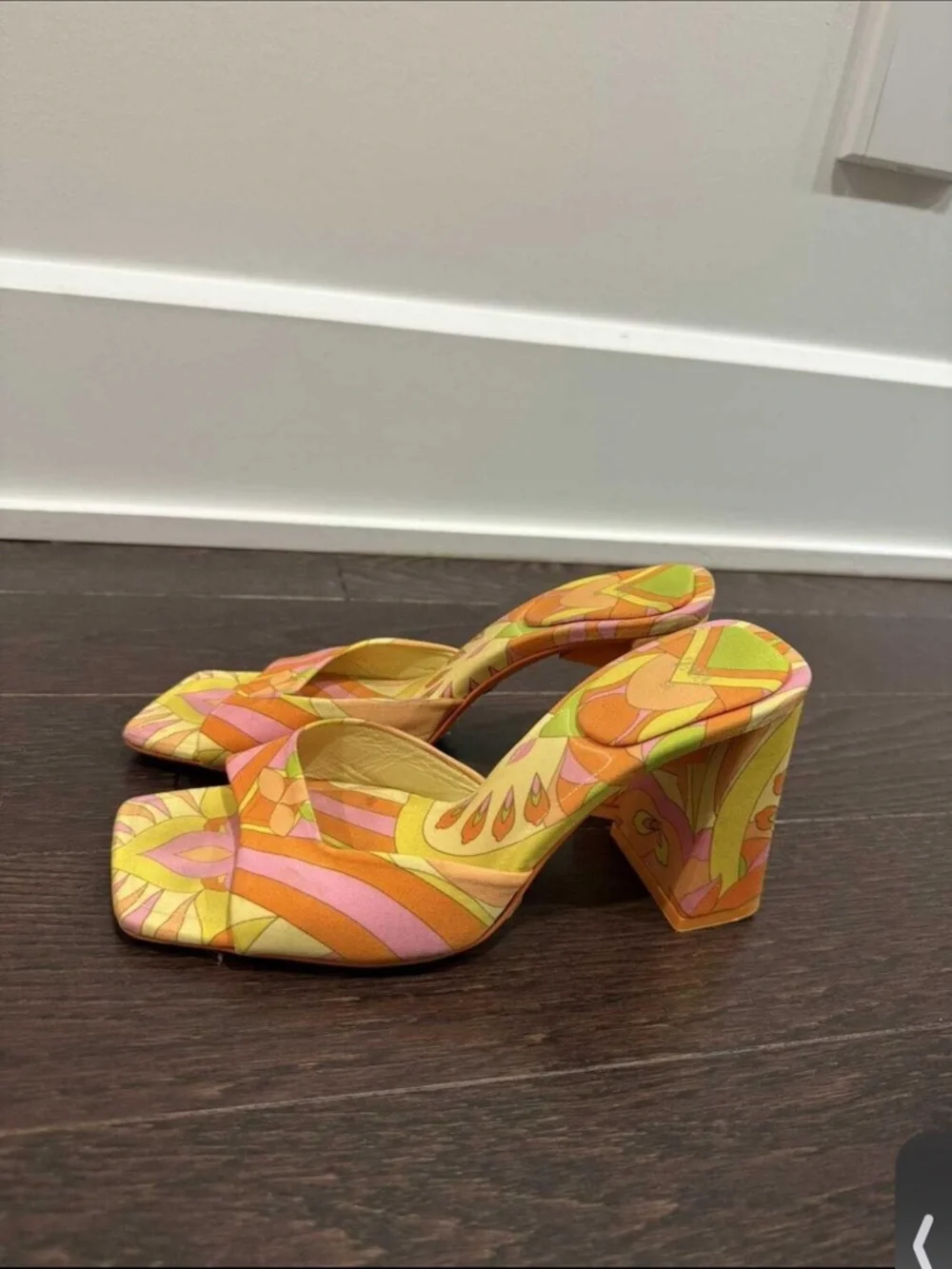 Zara Women’s Patterned Block Heel Sandals - Yellow & Pink - Picture 2 of 3